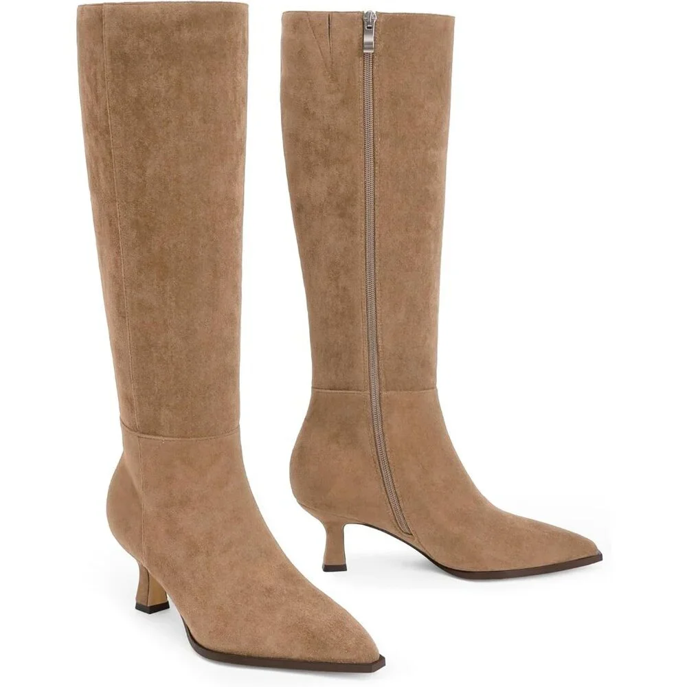 Women's Tan Suede Kitten Low Heel Toe Side Zipper Long Tall Knee High Boots